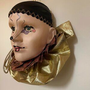 VTG Y2K Mardi Gras Porcelain Cat Face Harlequin Jester 3D Head Wall Hanging